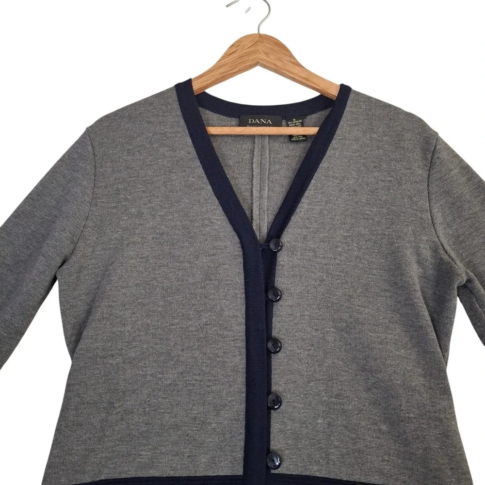 Dana Buchman Merino Wool Cardigan Sweater Grey Navy Colorblock Longline Womens M